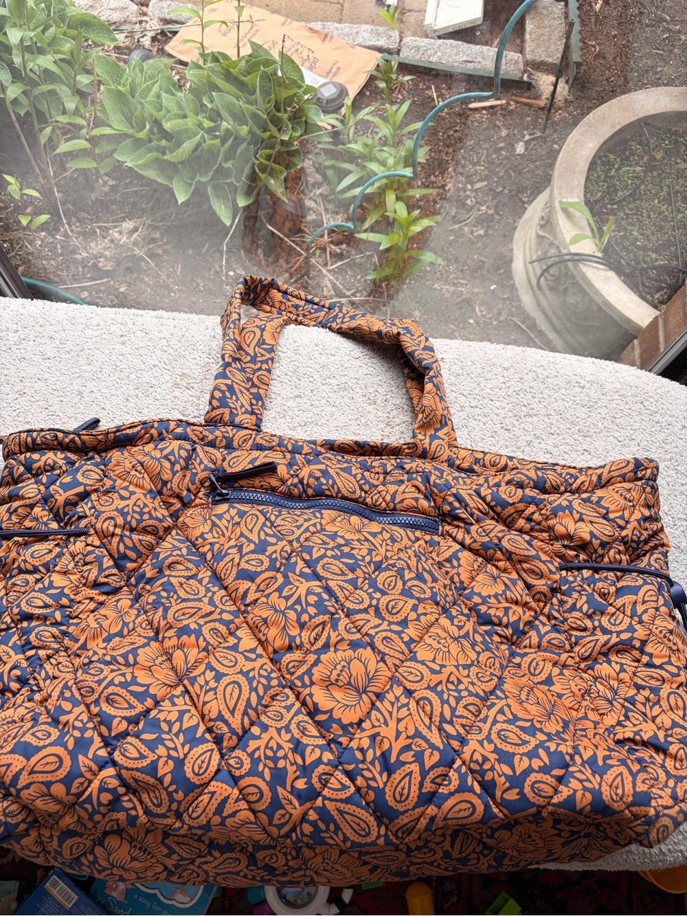 Vera Bradley Quilted Floral Tote Bag in Navy and Brown